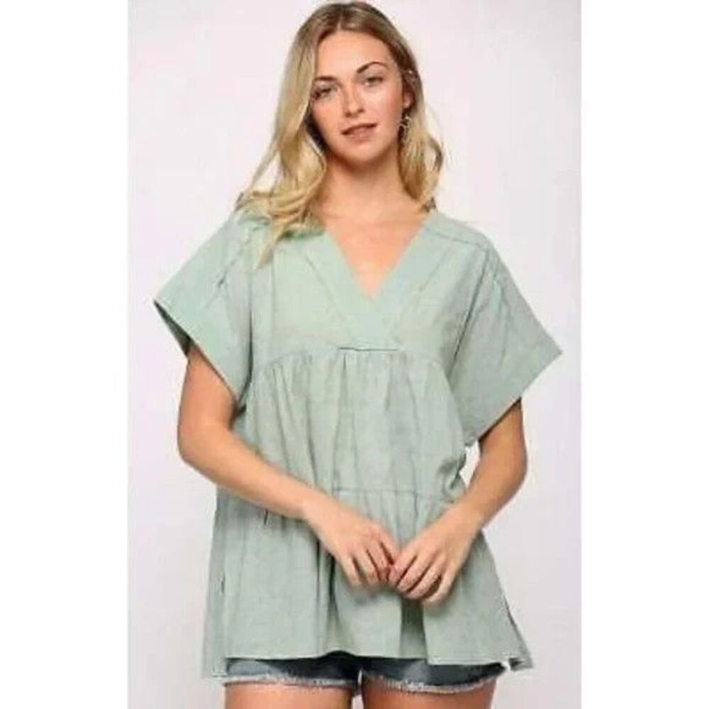 New Gigio M 8 10 Pastel Mint Green Textured Cotton Tiered Top OVERSIZED